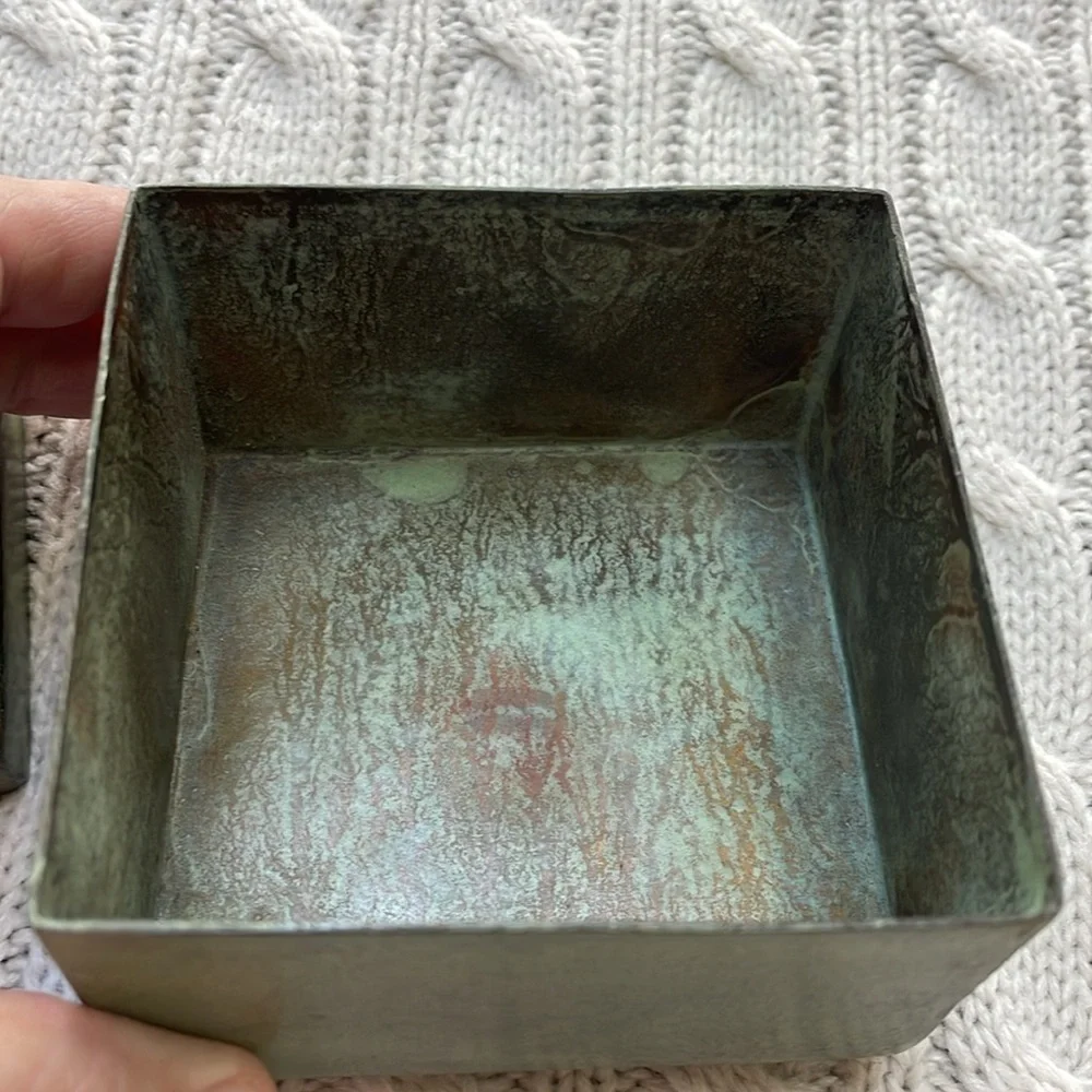 Metal dragonfly trinket box with lid 3.5” square 2” tall. Green painted finish